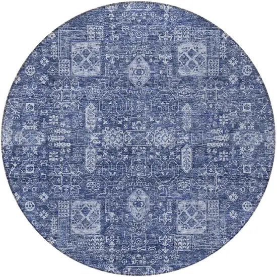 8' Navy Blue And Sky Blue Round Oriental Washable Indoor Outdoor Area Rug Photo 6