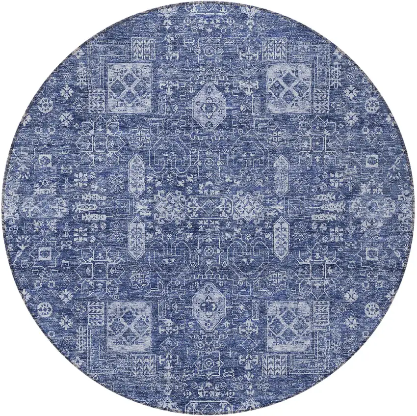 8' Navy Blue And Sky Blue Round Oriental Washable Indoor Outdoor Area Rug Photo 6
