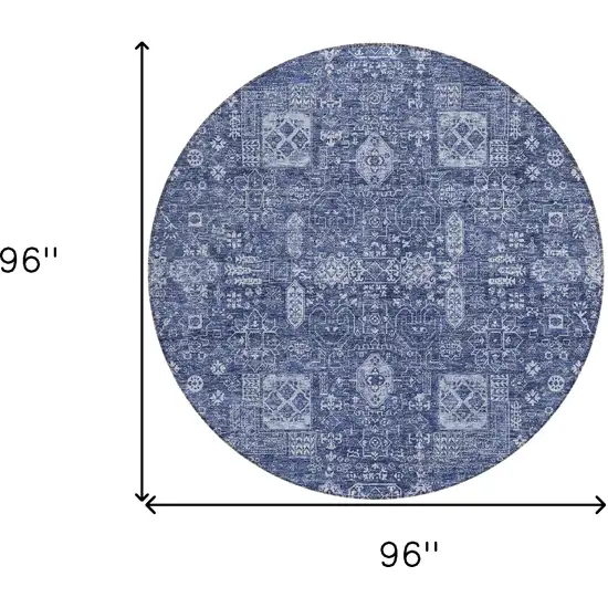 8' Navy Blue And Sky Blue Round Oriental Washable Indoor Outdoor Area Rug Photo 9