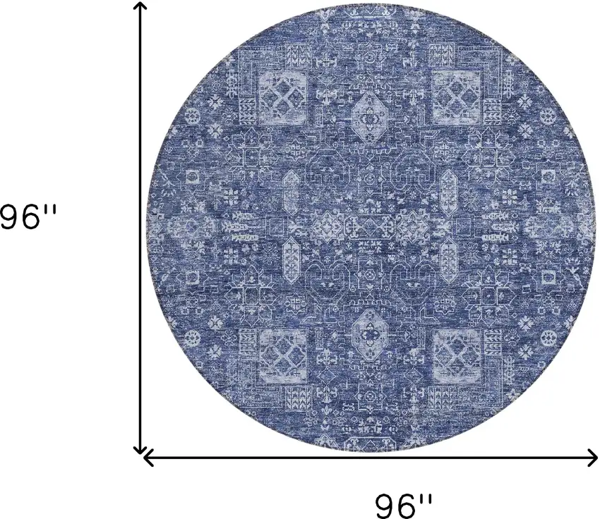 8' Navy Blue And Sky Blue Round Oriental Washable Indoor Outdoor Area Rug Photo 9
