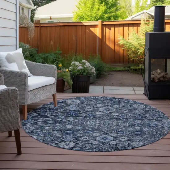 8' Navy Blue And Sky Blue Round Oriental Washable Indoor Outdoor Area Rug Photo 6