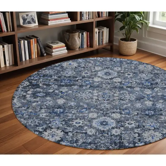 8' Navy Blue And Sky Blue Round Oriental Washable Indoor Outdoor Area Rug Photo 8