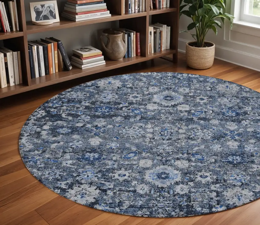 8' Navy Blue And Sky Blue Round Oriental Washable Indoor Outdoor Area Rug Photo 8