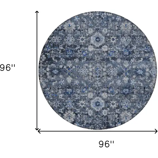 8' Navy Blue And Sky Blue Round Oriental Washable Indoor Outdoor Area Rug Photo 3