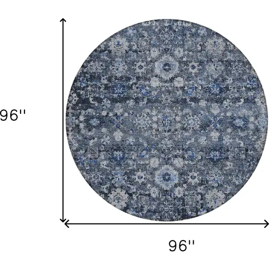 8' Navy Blue And Sky Blue Round Oriental Washable Indoor Outdoor Area Rug Photo 3