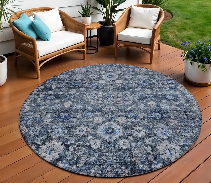 8' Navy Blue And Sky Blue Round Oriental Washable Indoor Outdoor Area Rug Photo 1
