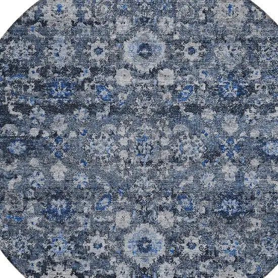 8' Navy Blue And Sky Blue Round Oriental Washable Indoor Outdoor Area Rug Photo 4