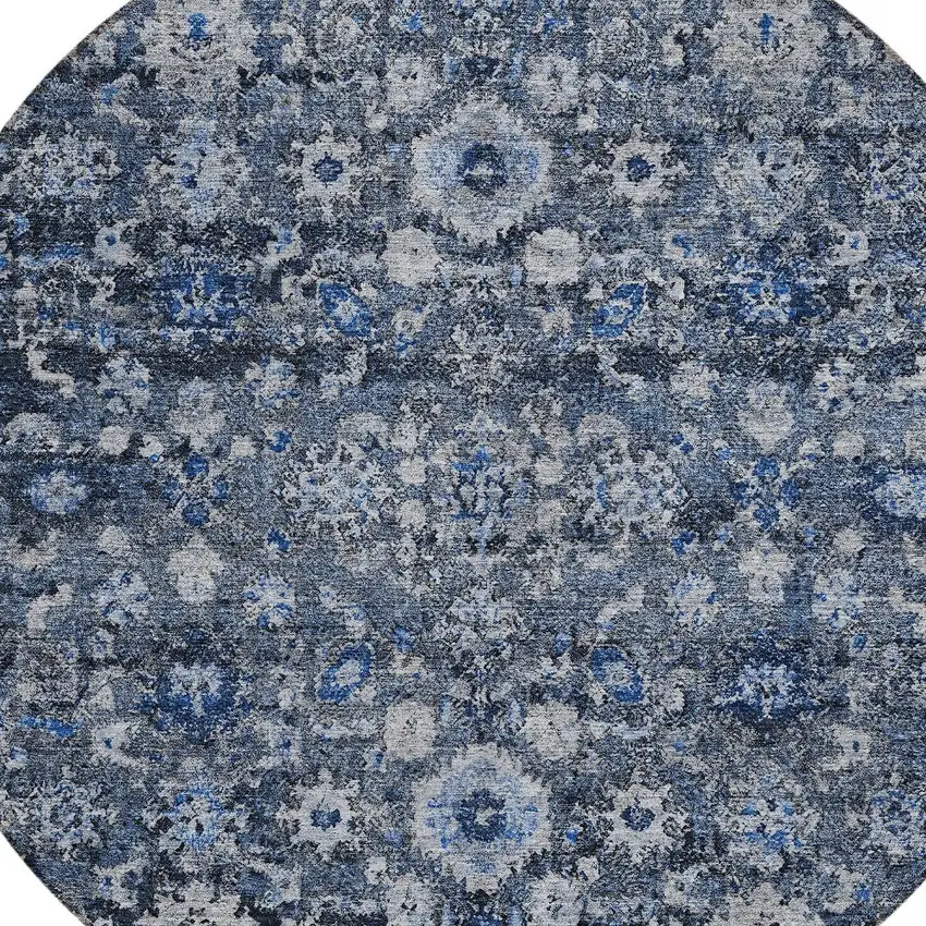 8' Navy Blue And Sky Blue Round Oriental Washable Indoor Outdoor Area Rug Photo 4