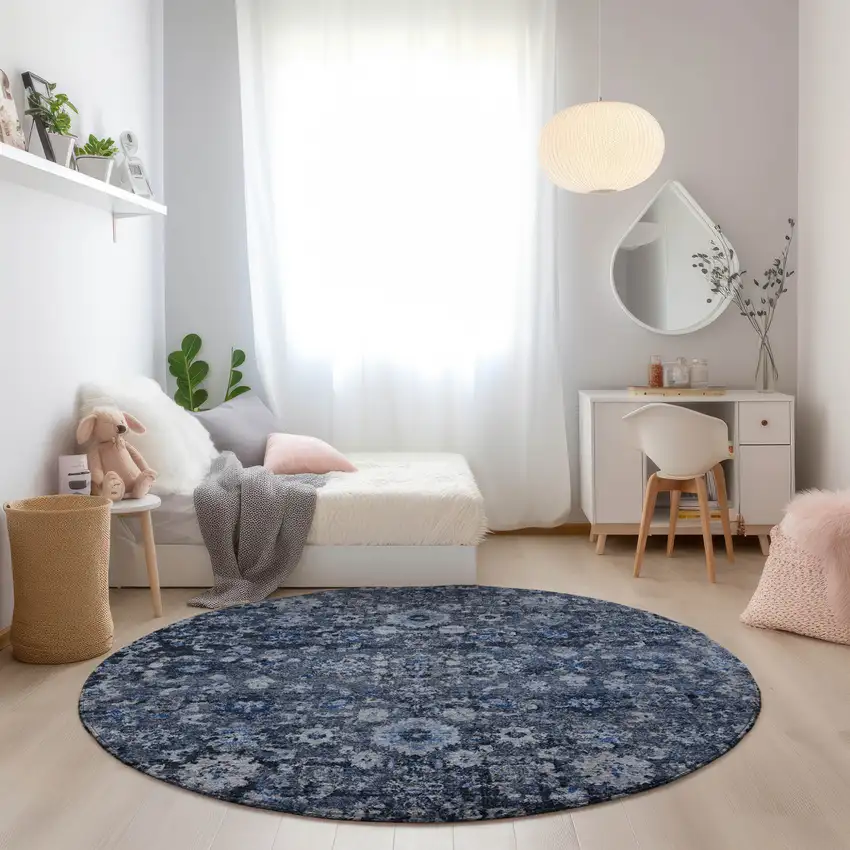 8' Navy Blue And Sky Blue Round Oriental Washable Indoor Outdoor Area Rug Photo 7