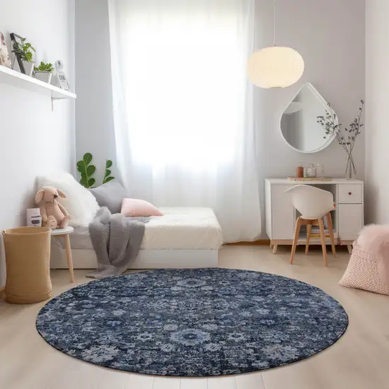 8' Navy Blue And Sky Blue Round Oriental Washable Indoor Outdoor Area Rug Photo 7