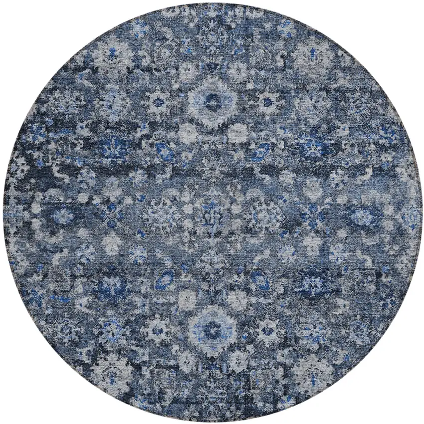 8' Navy Blue And Sky Blue Round Oriental Washable Indoor Outdoor Area Rug Photo 2