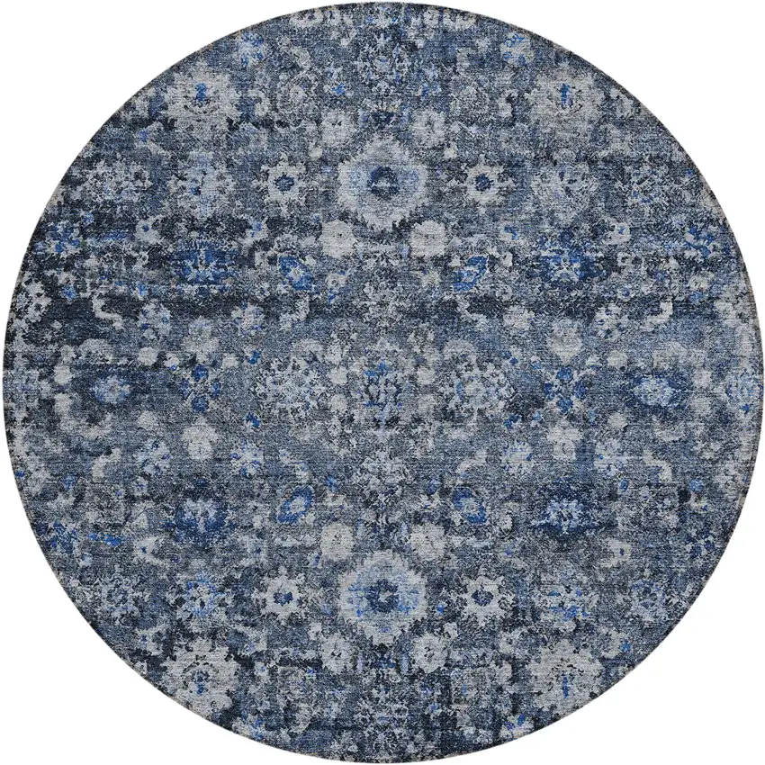 8' Navy Blue And Sky Blue Round Oriental Washable Indoor Outdoor Area Rug Photo 2