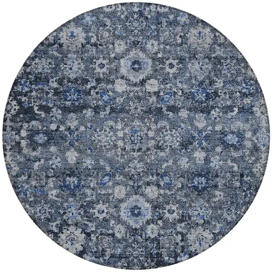 8' Navy Blue And Sky Blue Round Oriental Washable Indoor Outdoor Area Rug Photo 5