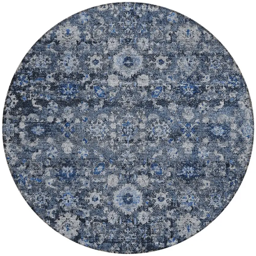 8' Navy Blue And Sky Blue Round Oriental Washable Indoor Outdoor Area Rug Photo 5