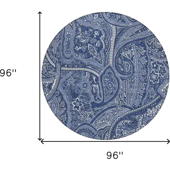 8' Navy Blue And Sky Blue Round Paisley Washable Indoor Outdoor Area Rug Photo 3