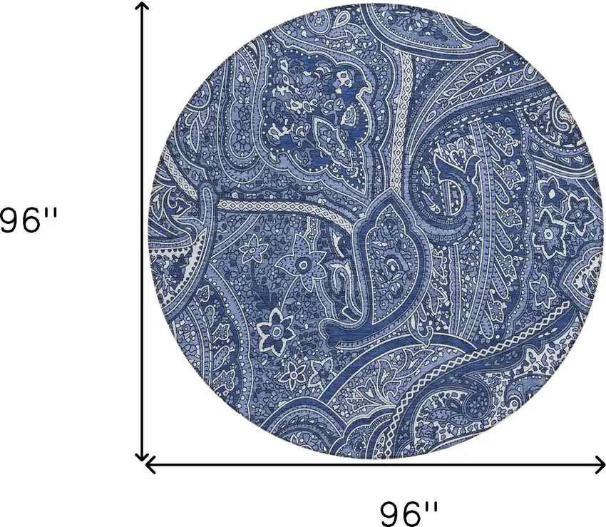 8' Navy Blue And Sky Blue Round Paisley Washable Indoor Outdoor Area Rug Photo 3