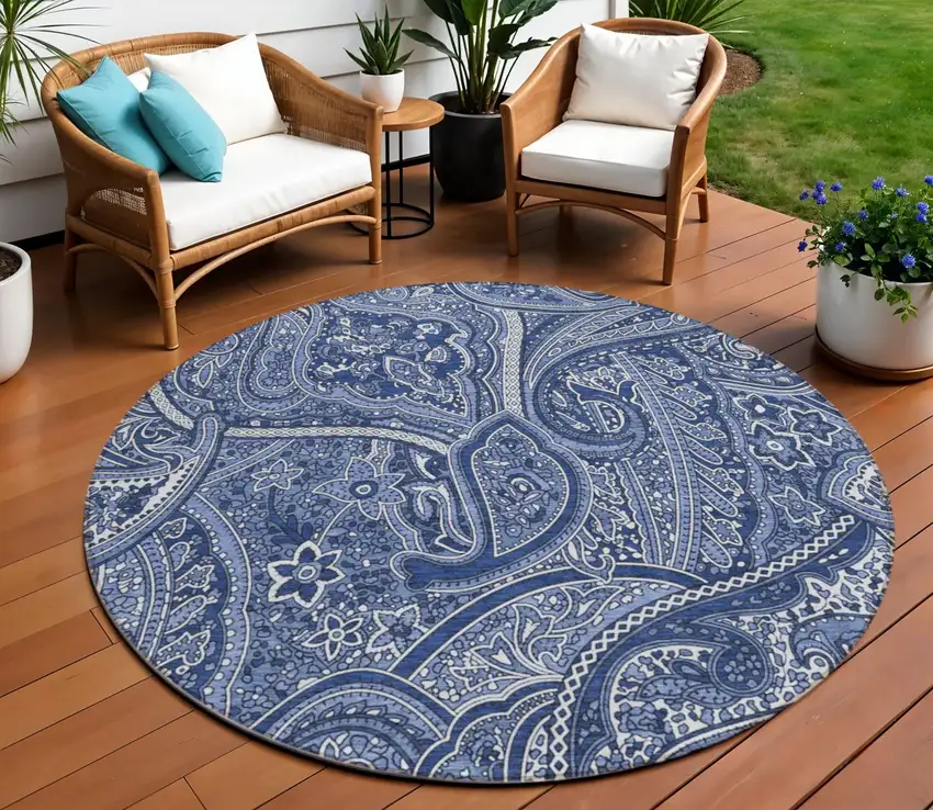 8' Navy Blue And Sky Blue Round Paisley Washable Indoor Outdoor Area Rug Photo 1
