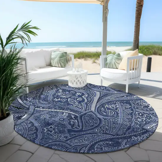 8' Navy Blue And Sky Blue Round Paisley Washable Indoor Outdoor Area Rug Photo 6