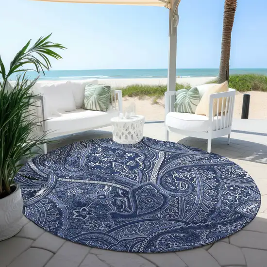 8' Navy Blue And Sky Blue Round Paisley Washable Indoor Outdoor Area Rug Photo 6