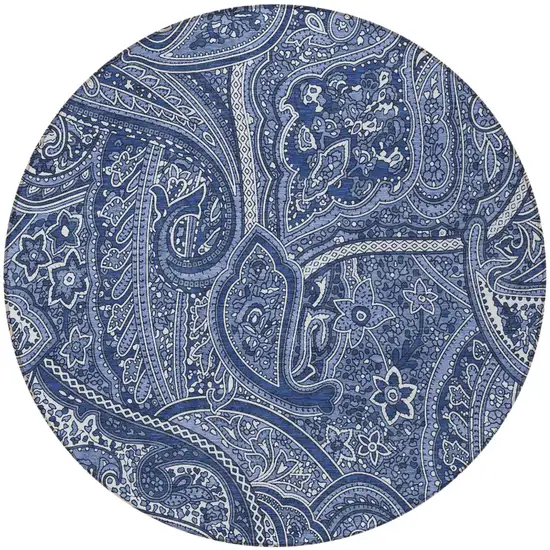8' Navy Blue And Sky Blue Round Paisley Washable Indoor Outdoor Area Rug Photo 5