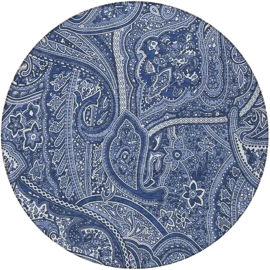 8' Navy Blue And Sky Blue Round Paisley Washable Indoor Outdoor Area Rug Photo 5