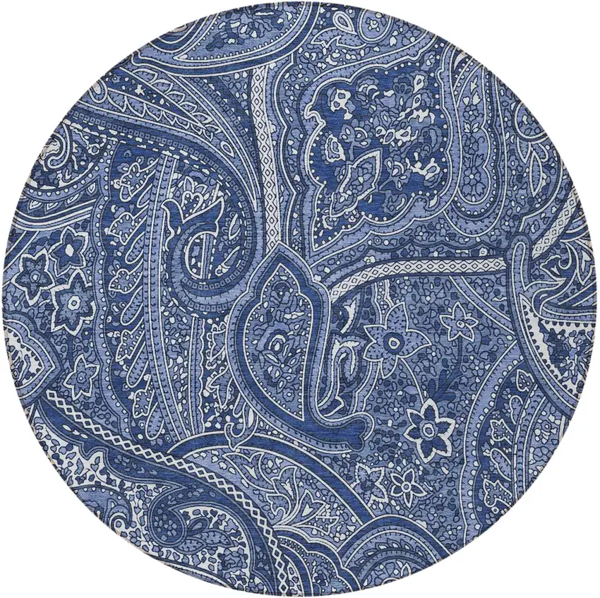 8' Navy Blue And Sky Blue Round Paisley Washable Indoor Outdoor Area Rug Photo 5
