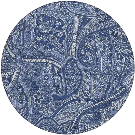 8' Navy Blue And Sky Blue Round Paisley Washable Indoor Outdoor Area Rug Photo 2