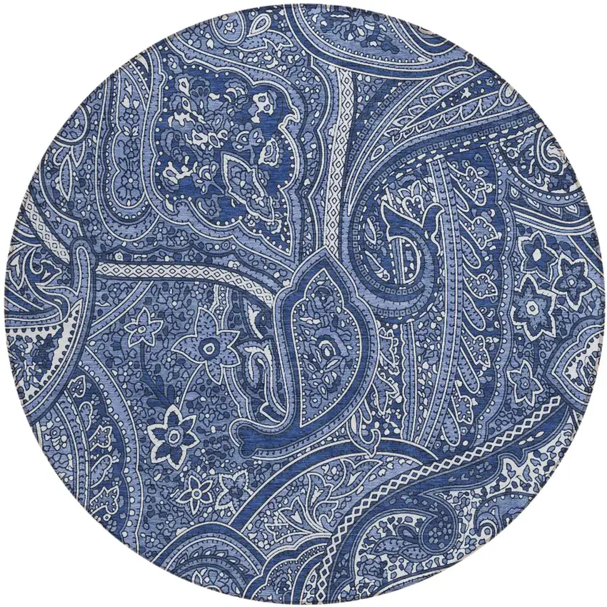 8' Navy Blue And Sky Blue Round Paisley Washable Indoor Outdoor Area Rug Photo 2