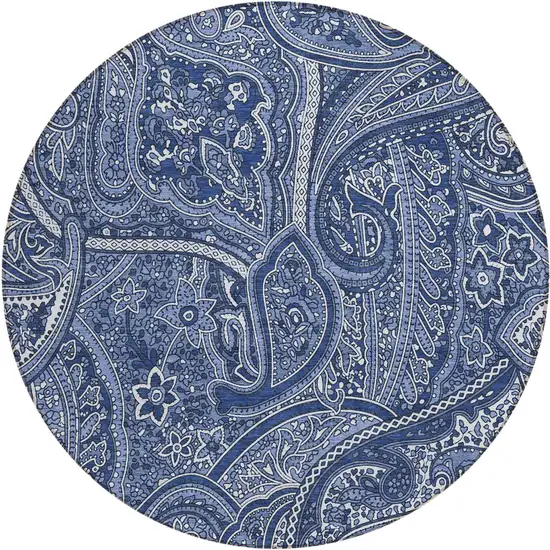 8' Navy Blue And Sky Blue Round Paisley Washable Indoor Outdoor Area Rug Photo 2