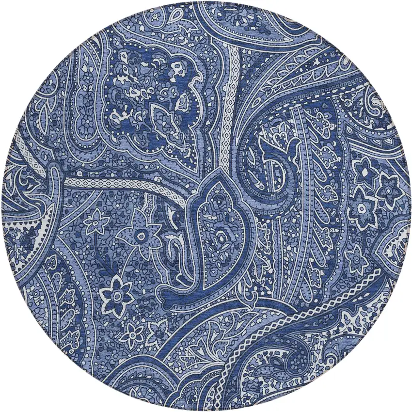 8' Navy Blue And Sky Blue Round Paisley Washable Indoor Outdoor Area Rug Photo 2