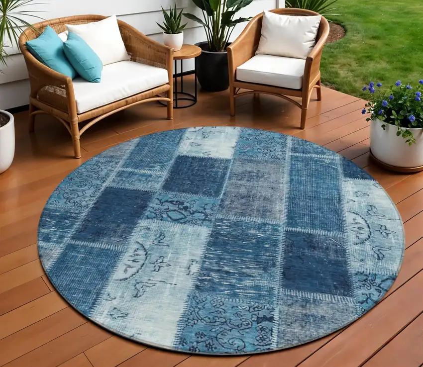 8' Navy Blue And Sky Blue Round Patchwork Washable Indoor Outdoor Area Rug Photo 1