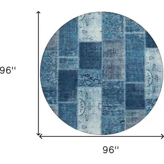 8' Navy Blue And Sky Blue Round Patchwork Washable Indoor Outdoor Area Rug Photo 8