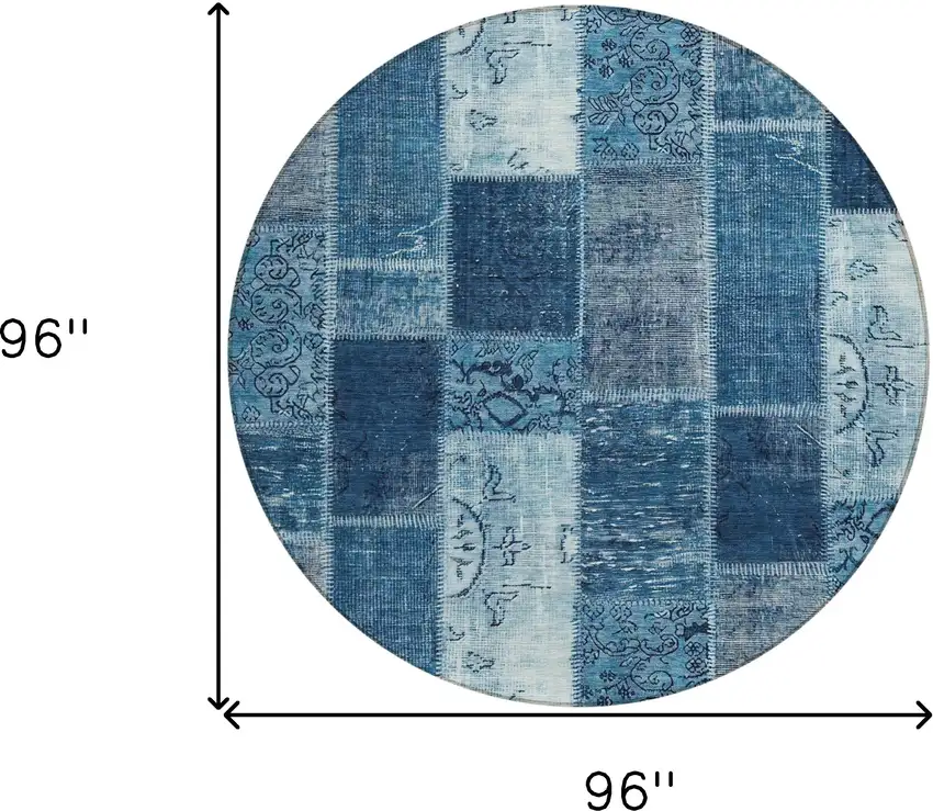 8' Navy Blue And Sky Blue Round Patchwork Washable Indoor Outdoor Area Rug Photo 8