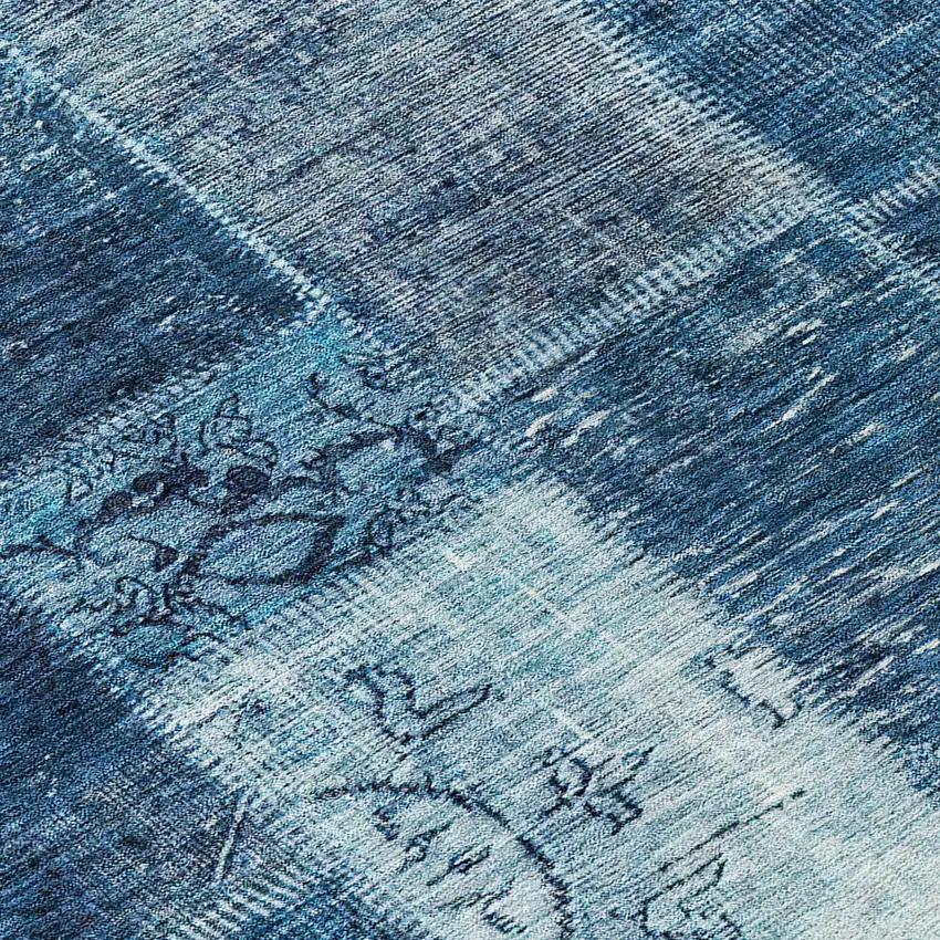 8' Navy Blue And Sky Blue Round Patchwork Washable Indoor Outdoor Area Rug Photo 9