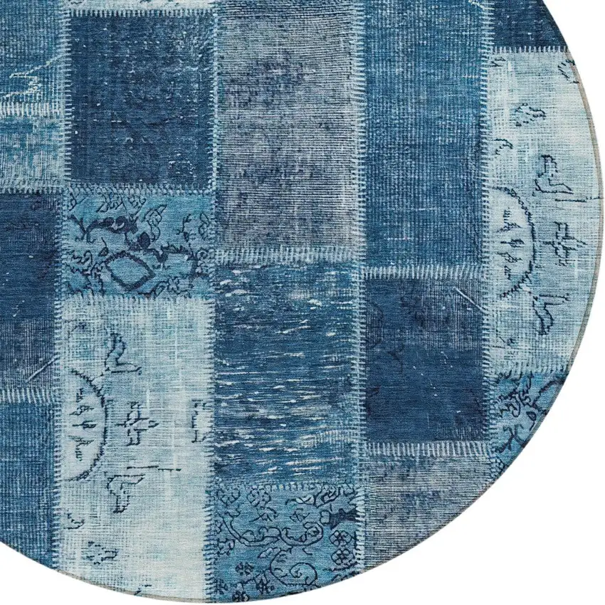 8' Navy Blue And Sky Blue Round Patchwork Washable Indoor Outdoor Area Rug Photo 4