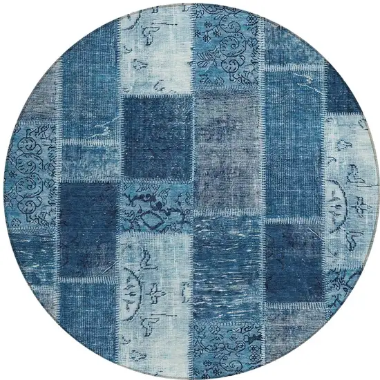 8' Navy Blue And Sky Blue Round Patchwork Washable Indoor Outdoor Area Rug Photo 5