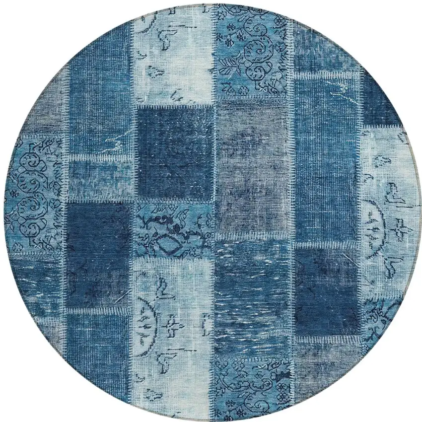 8' Navy Blue And Sky Blue Round Patchwork Washable Indoor Outdoor Area Rug Photo 5