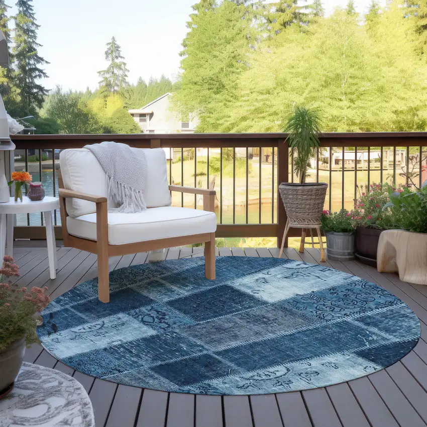 8' Navy Blue And Sky Blue Round Patchwork Washable Indoor Outdoor Area Rug Photo 6