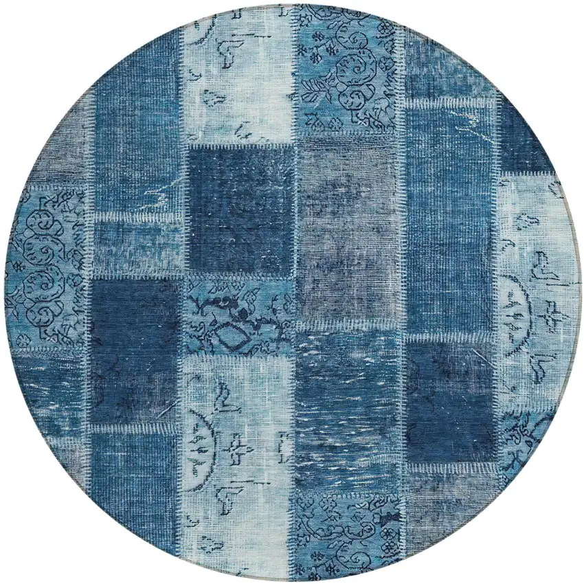 8' Navy Blue And Sky Blue Round Patchwork Washable Indoor Outdoor Area Rug Photo 1