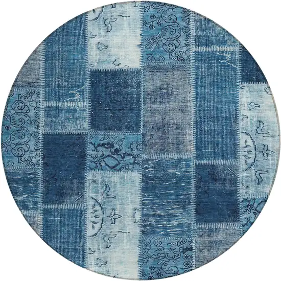8' Navy Blue And Sky Blue Round Patchwork Washable Indoor Outdoor Area Rug Photo 1