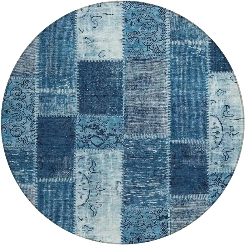 8' Navy Blue And Sky Blue Round Patchwork Washable Indoor Outdoor Area Rug Photo 1