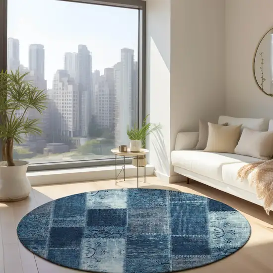 8' Navy Blue And Sky Blue Round Patchwork Washable Indoor Outdoor Area Rug Photo 7