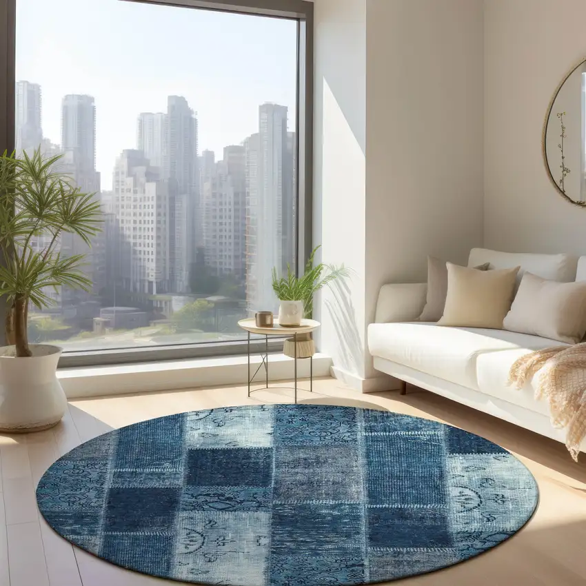 8' Navy Blue And Sky Blue Round Patchwork Washable Indoor Outdoor Area Rug Photo 7