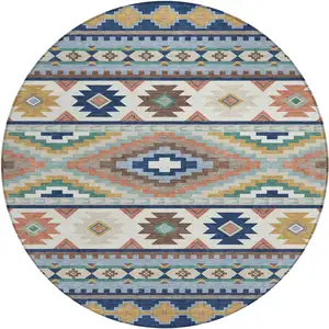 Photo of 8' Navy Blue And Sky Blue Round Southwestern Washable Indoor Outdoor Area Rug