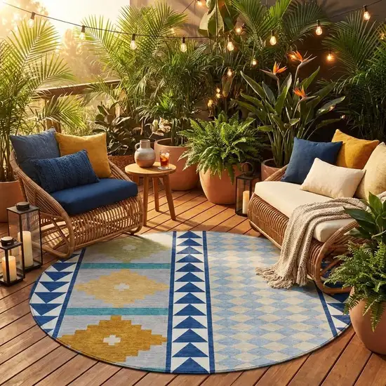 8' Navy Blue And Sky Blue Round Southwestern Washable Indoor Outdoor Area Rug Photo 1