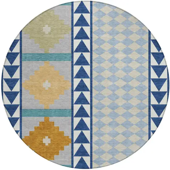8' Navy Blue And Sky Blue Round Southwestern Washable Indoor Outdoor Area Rug Photo 2