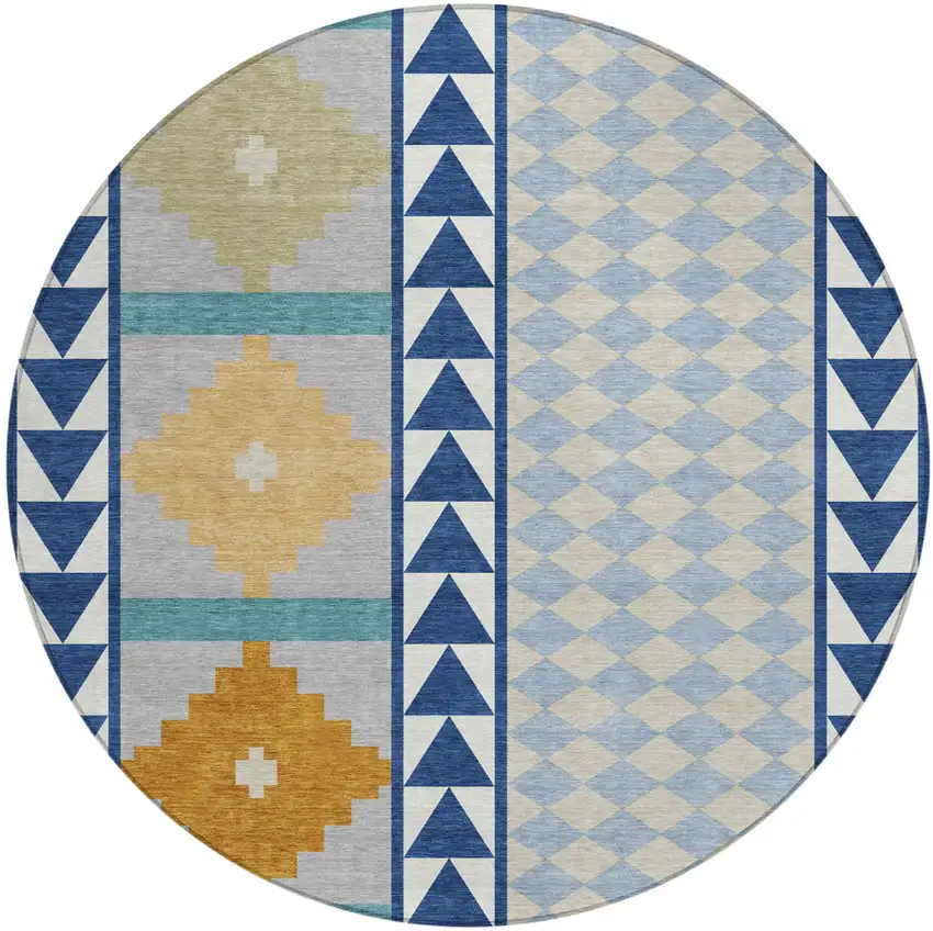 8' Navy Blue And Sky Blue Round Southwestern Washable Indoor Outdoor Area Rug Photo 2