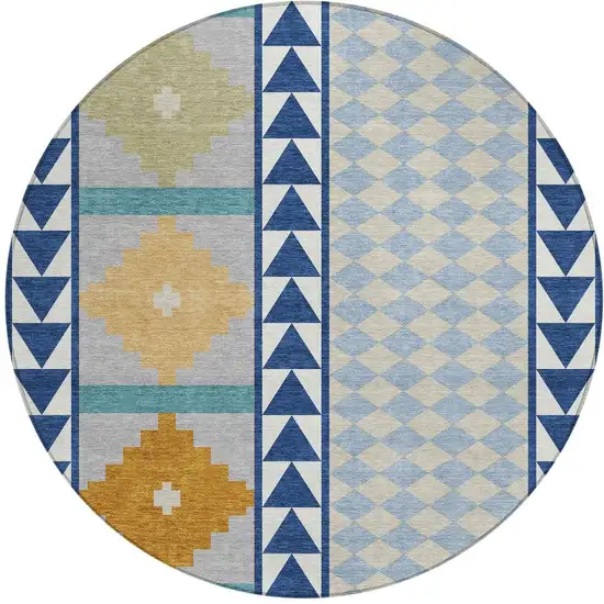 8' Navy Blue And Sky Blue Round Southwestern Washable Indoor Outdoor Area Rug Photo 4