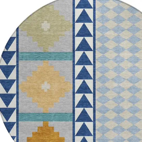 8' Navy Blue And Sky Blue Round Southwestern Washable Indoor Outdoor Area Rug Photo 3
