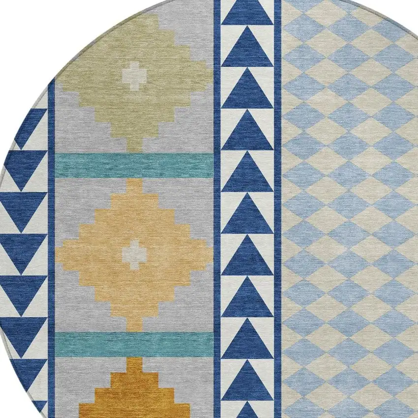 8' Navy Blue And Sky Blue Round Southwestern Washable Indoor Outdoor Area Rug Photo 3
